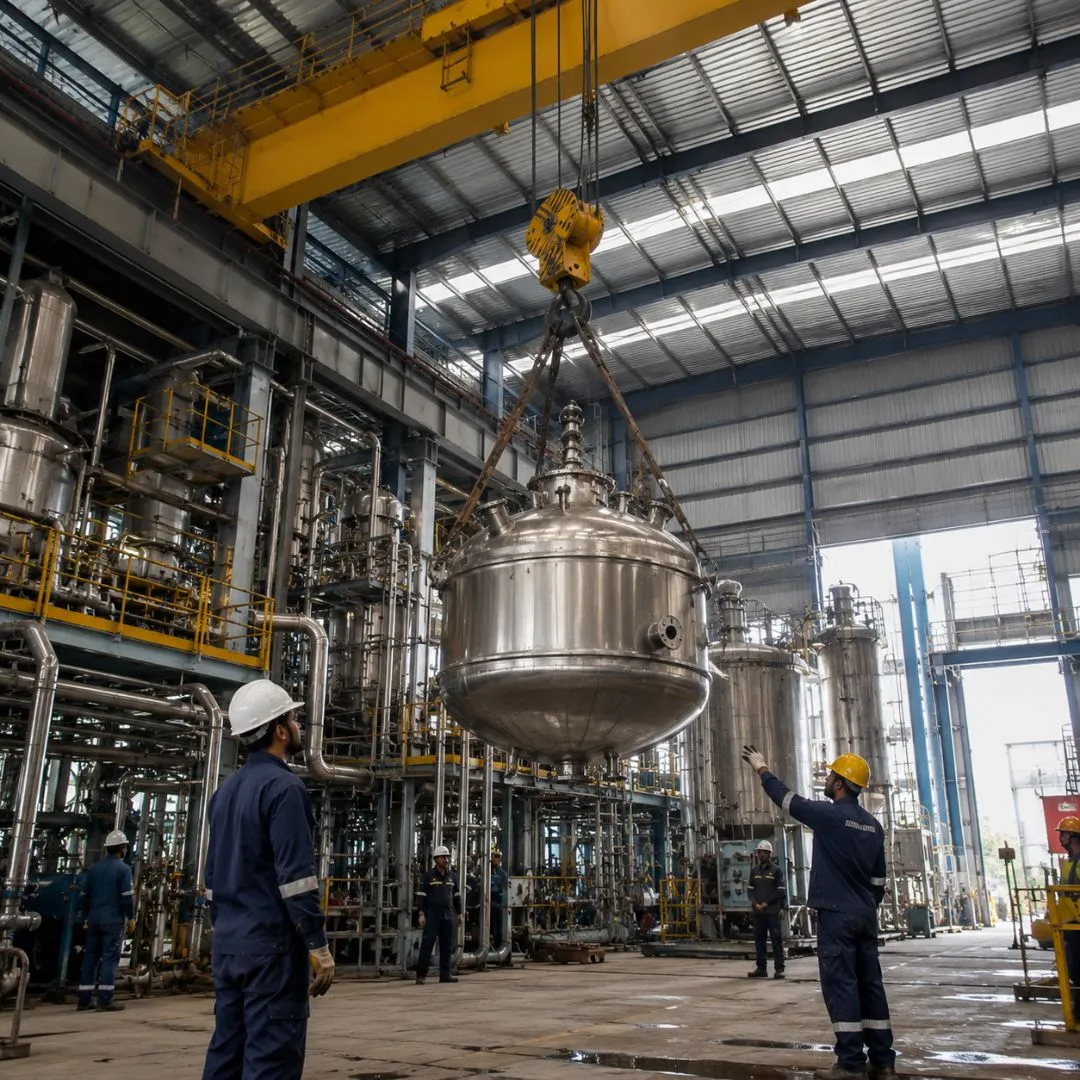 Workers in helmets guide a large metal tank suspended by a yellow overhead crane in an industrial plant.