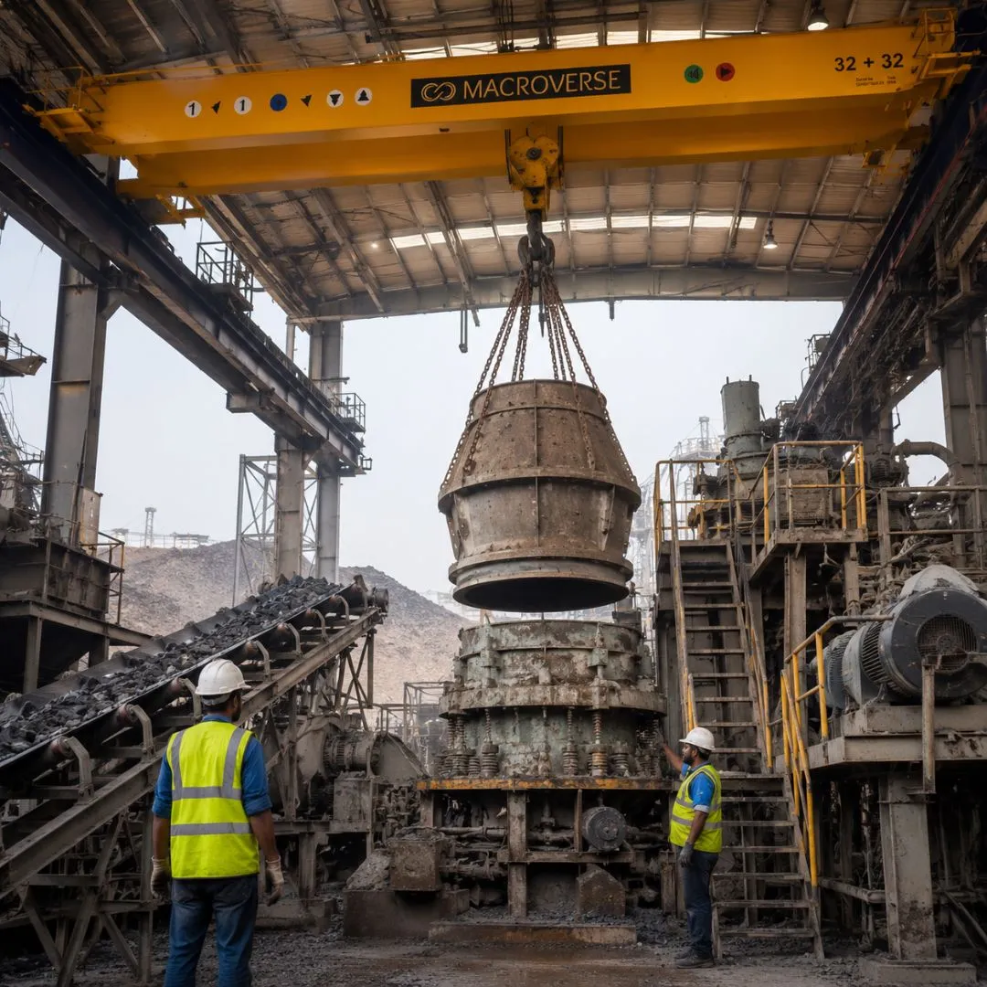 Two workers in helmets guiding a large container suspended by a Macroverse crane in an industrial plant.