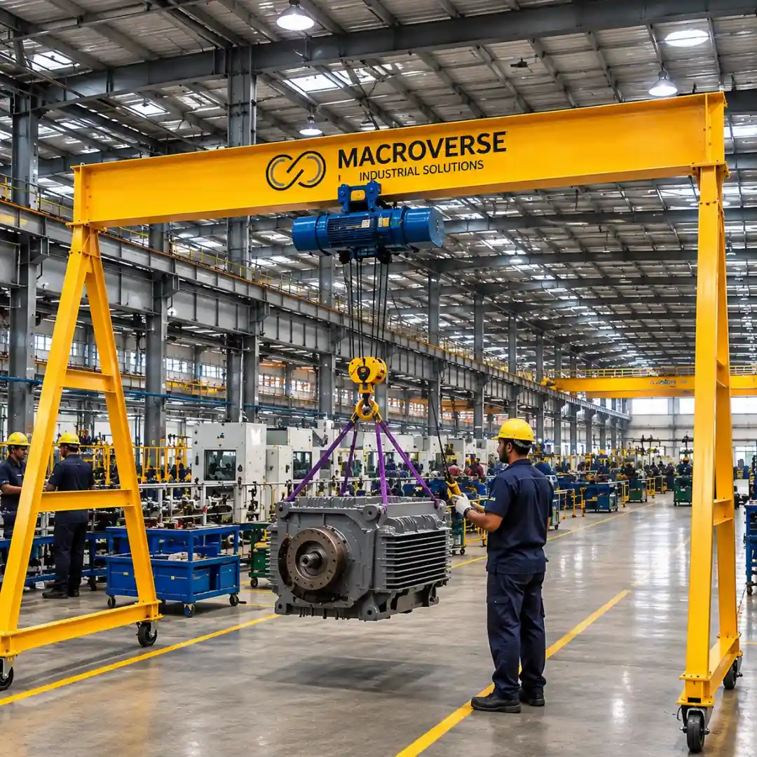 Large factory with automated assembly line producing car frames under a yellow Macroverse crane.