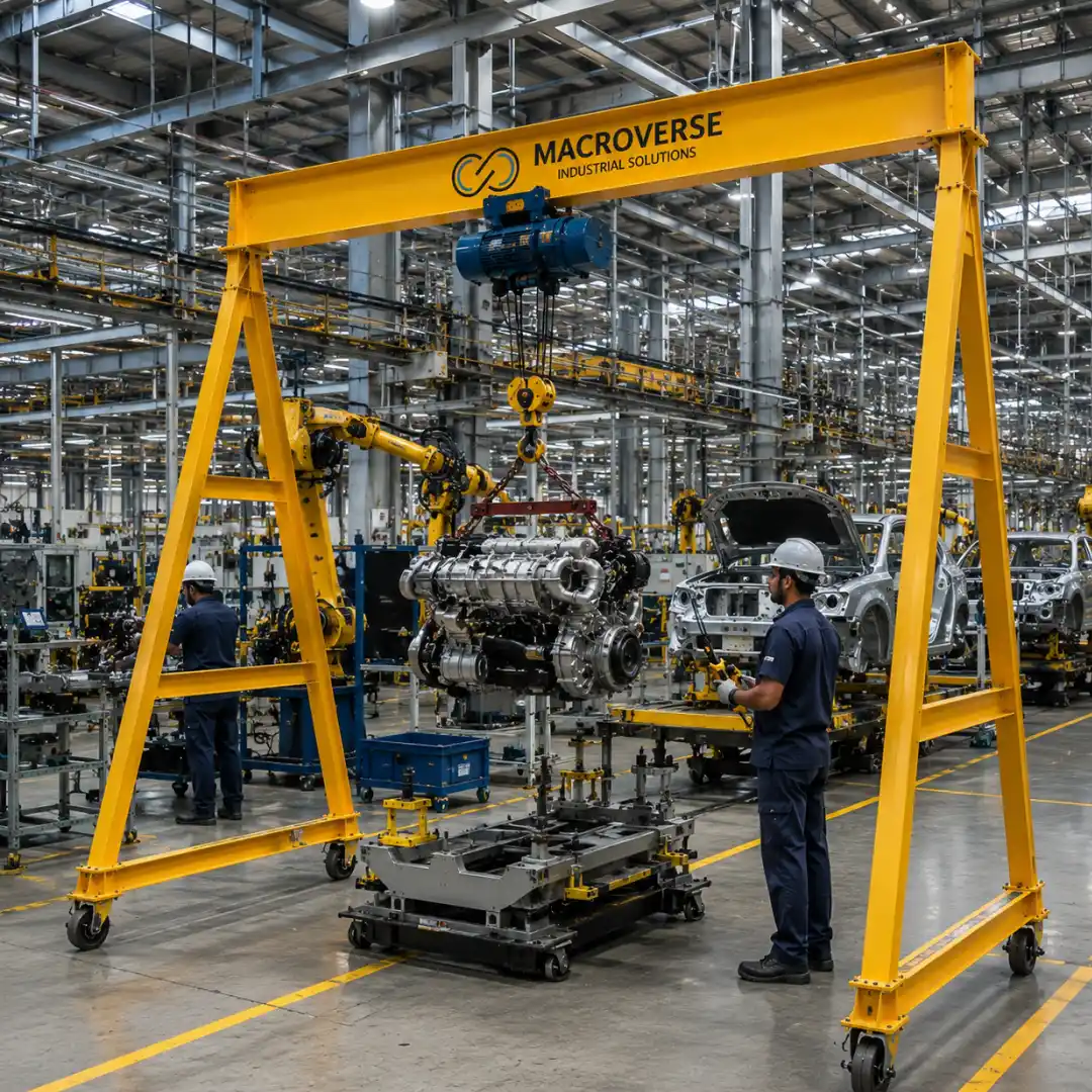 Two workers in helmets guiding a large container suspended by a Macroverse crane in an industrial plant.