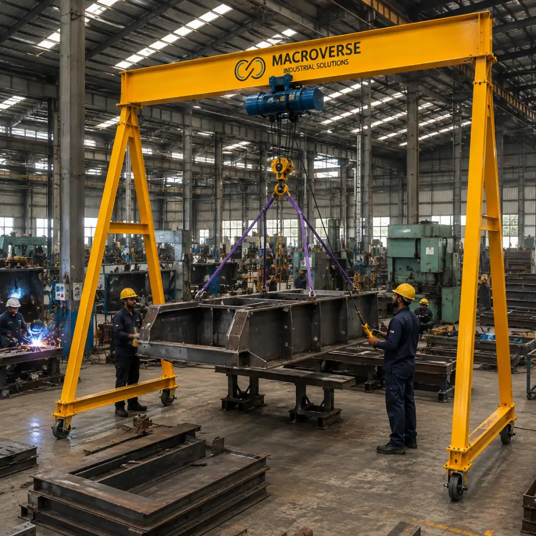 Worker in safety helmet watches a large steel beam lifted by a yellow overhead crane in a factory.