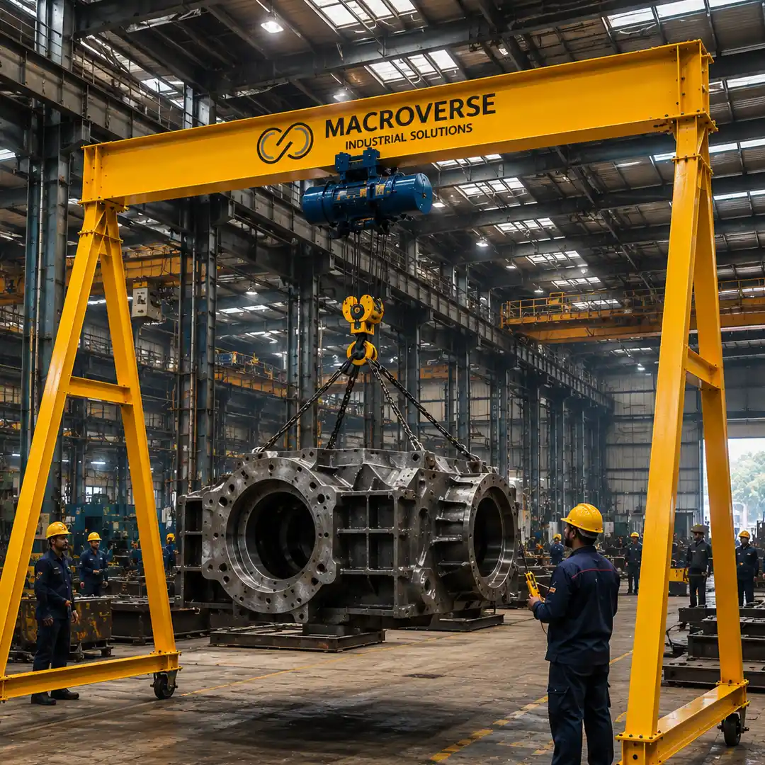 Four workers in safety gear guide a heavy machine part suspended by chains from a yellow overhead crane.
