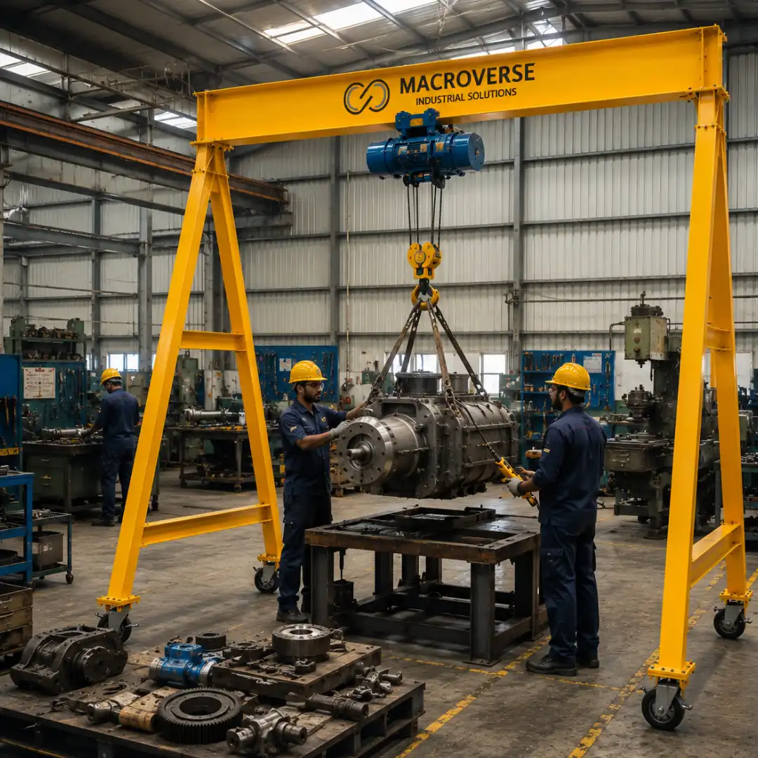 Workers in helmets guide a large metal tank suspended by a yellow overhead crane in an industrial plant.