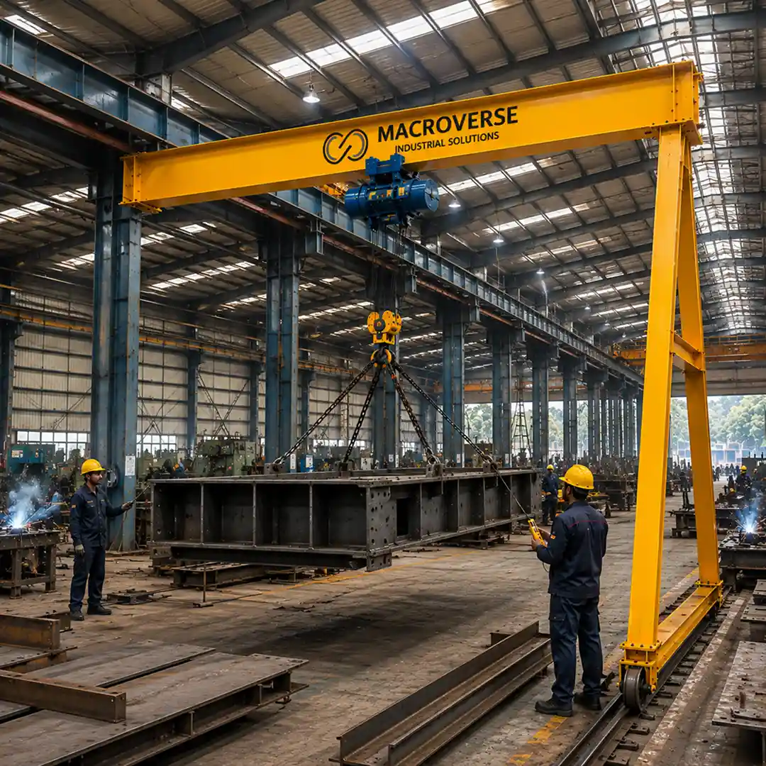 Large factory with automated assembly line producing car frames under a yellow Macroverse crane.