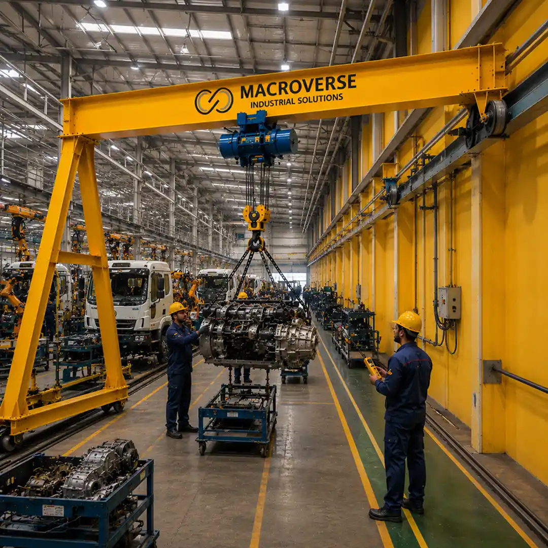 Two workers in helmets guiding a large container suspended by a Macroverse crane in an industrial plant.