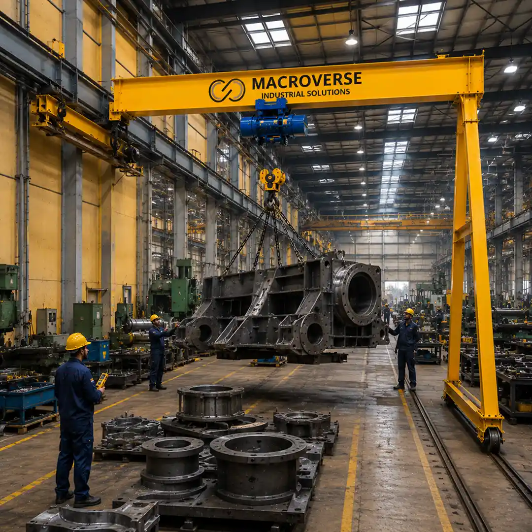 Worker in safety helmet watches a large steel beam lifted by a yellow overhead crane in a factory.