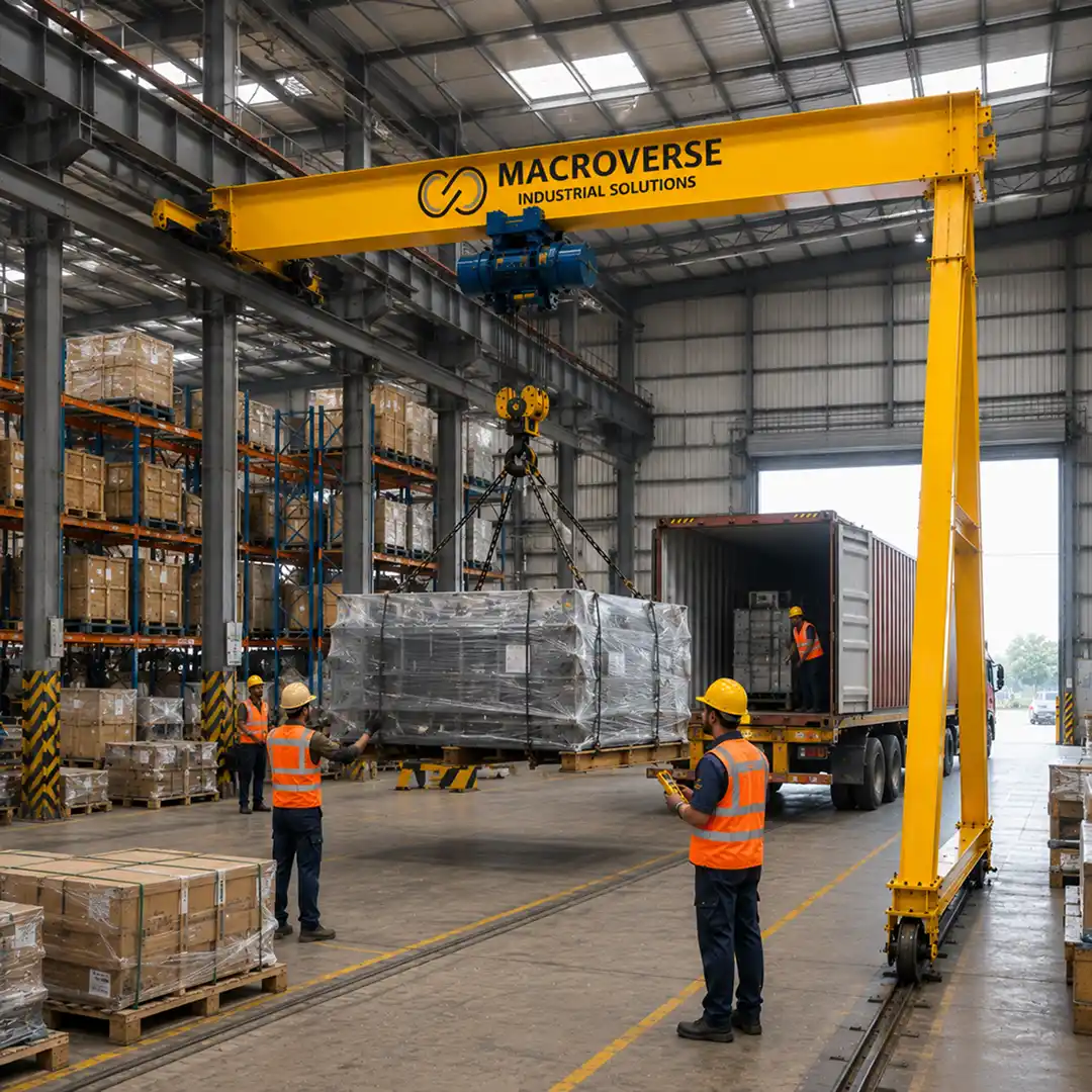 Four workers in safety gear guide a heavy machine part suspended by chains from a yellow overhead crane.
