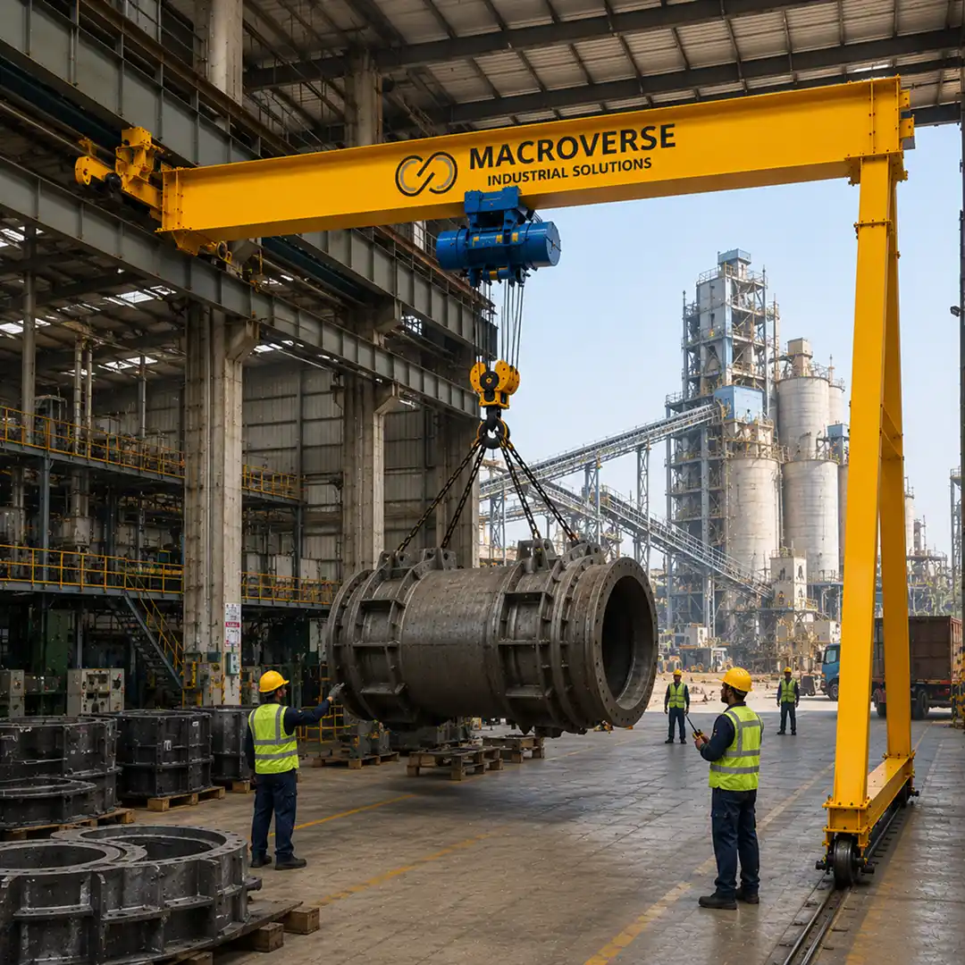 Workers in helmets guide a large metal tank suspended by a yellow overhead crane in an industrial plant.