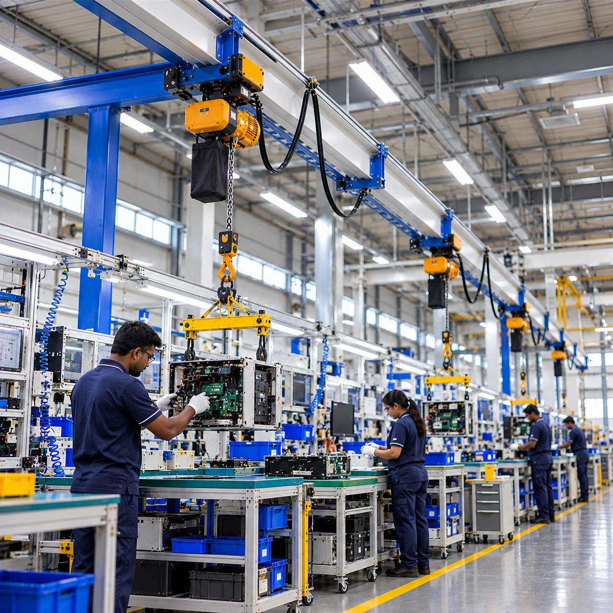 Worker in safety helmet watches a large steel beam lifted by a yellow overhead crane in a factory.