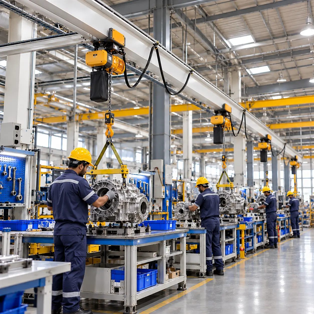 Large factory with automated assembly line producing car frames under a yellow Macroverse crane.