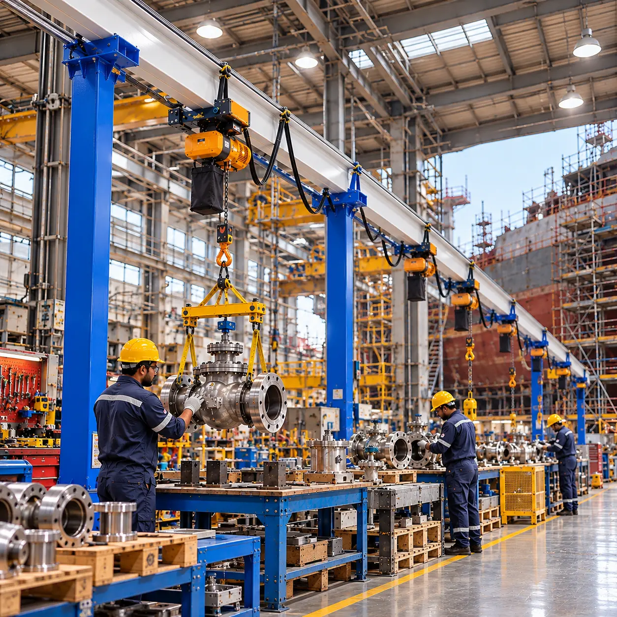 Workers in helmets guide a large metal tank suspended by a yellow overhead crane in an industrial plant.