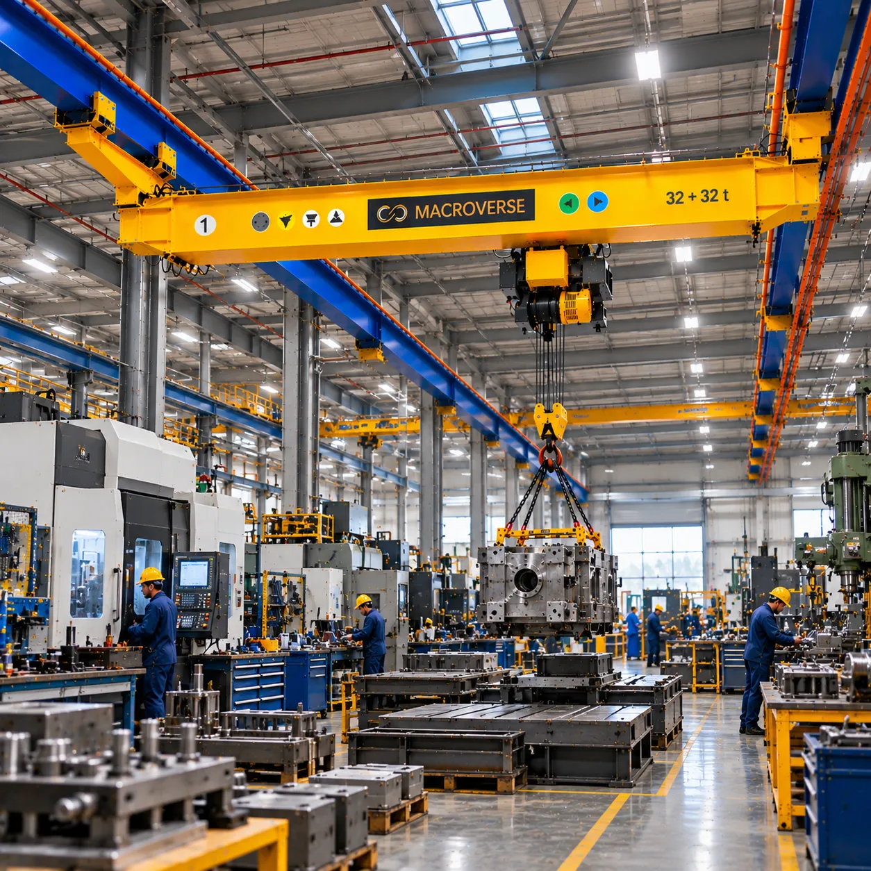 Workers in safety gear operate crane and forklift lifting a large wrapped industrial item in a warehouse.