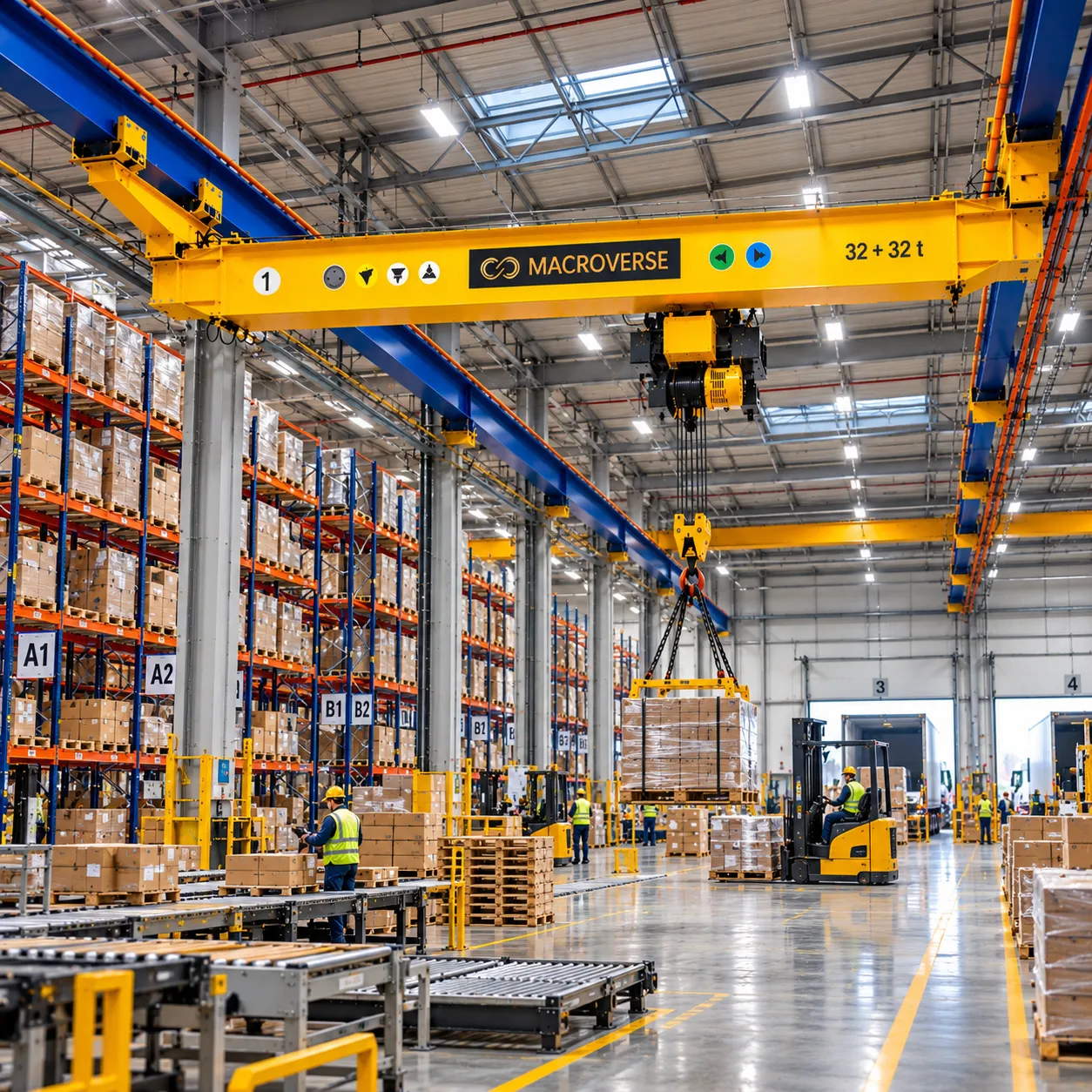 Workers in helmets guide a large metal tank suspended by a yellow overhead crane in an industrial plant.