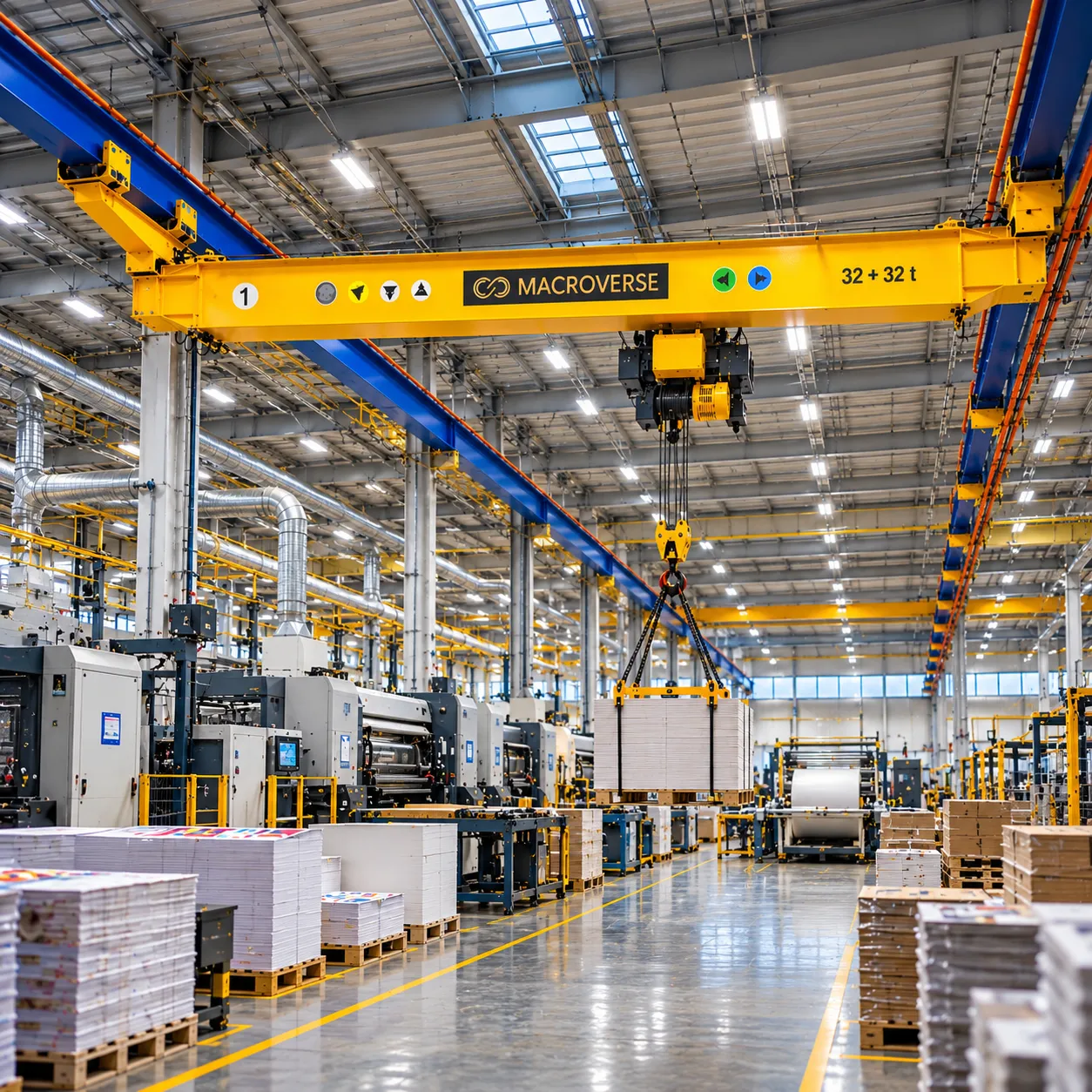Worker in safety helmet watches a large steel beam lifted by a yellow overhead crane in a factory.