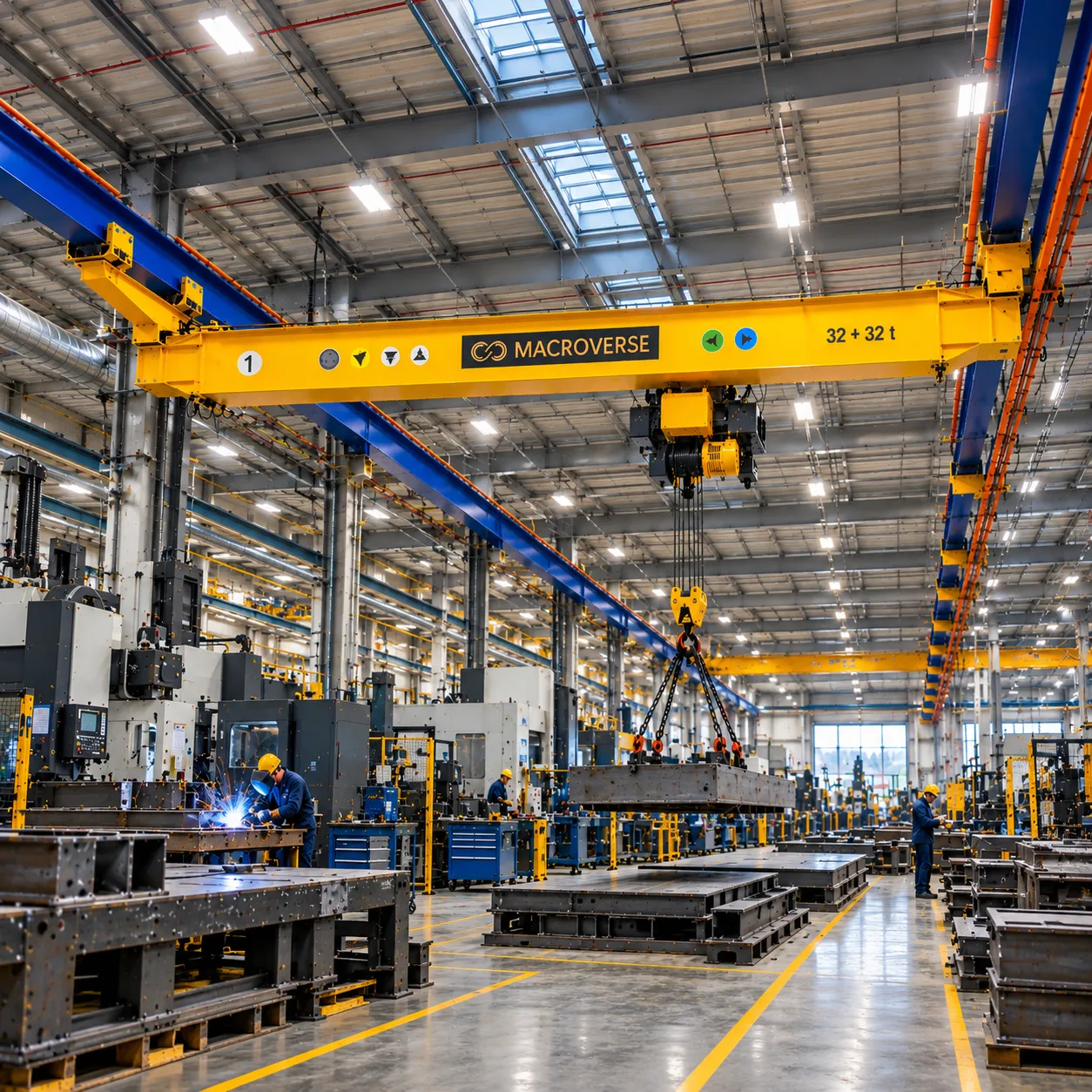 Four workers in safety gear guide a heavy machine part suspended by chains from a yellow overhead crane.