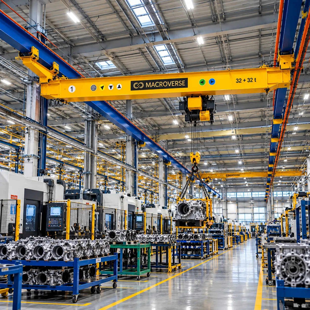Large factory with automated assembly line producing car frames under a yellow Macroverse crane.