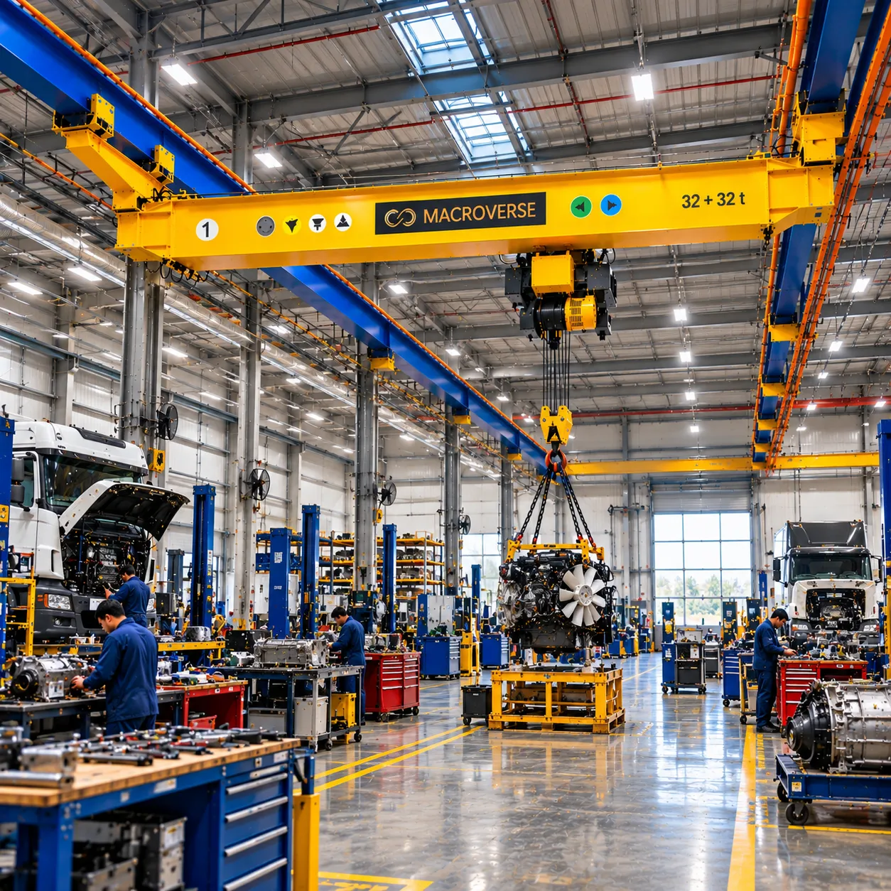 Two workers in helmets guiding a large container suspended by a Macroverse crane in an industrial plant.