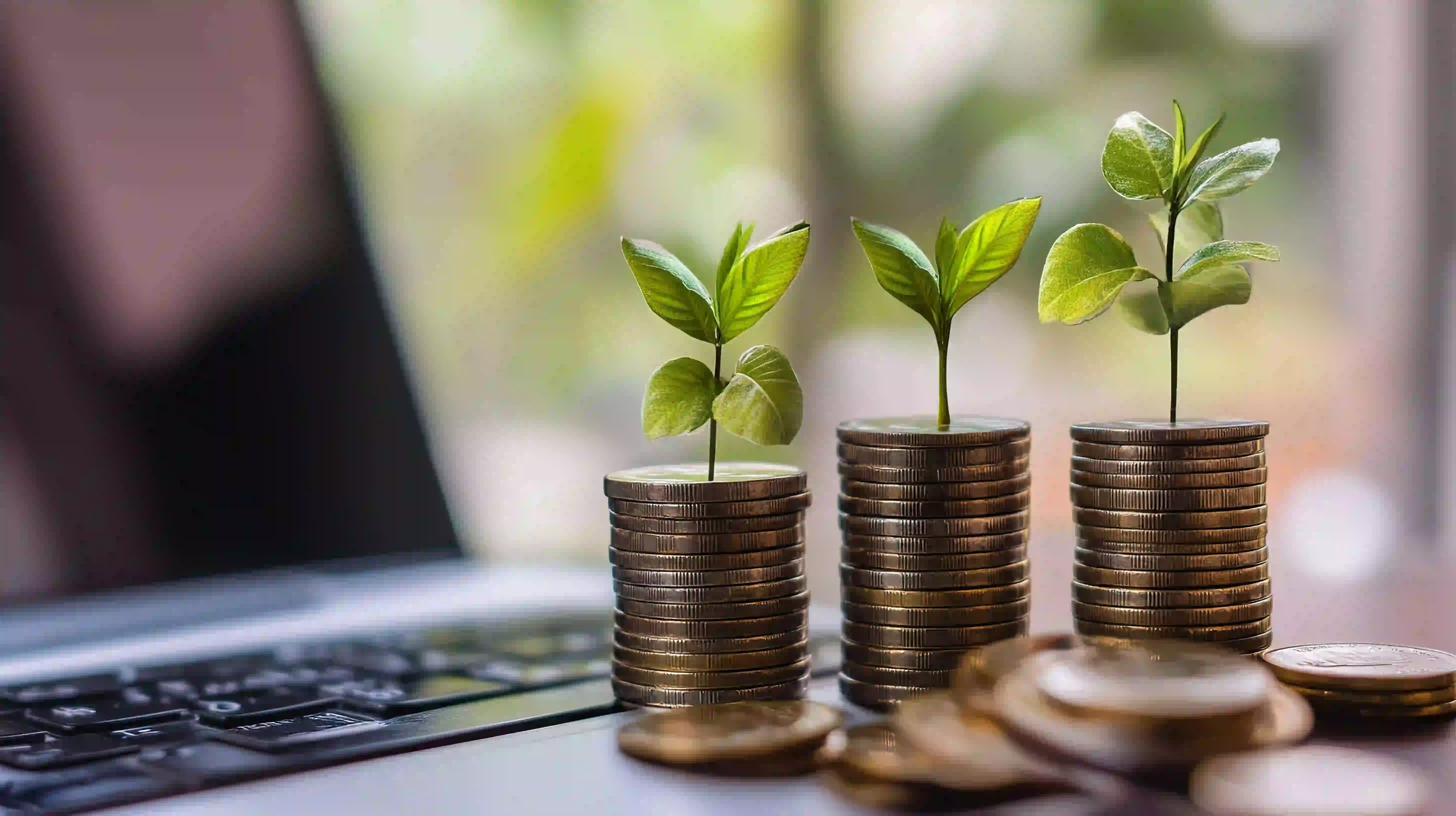 Tre stakke mønter med grønne planter, der spirer fra toppen, placeret ved siden af et tastatur – symbol på økonomisk vækst og investering.