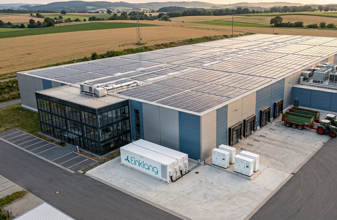 Produktionsstandort mit Photovoltaik auf dem Dach und einklang Batteriespeicher