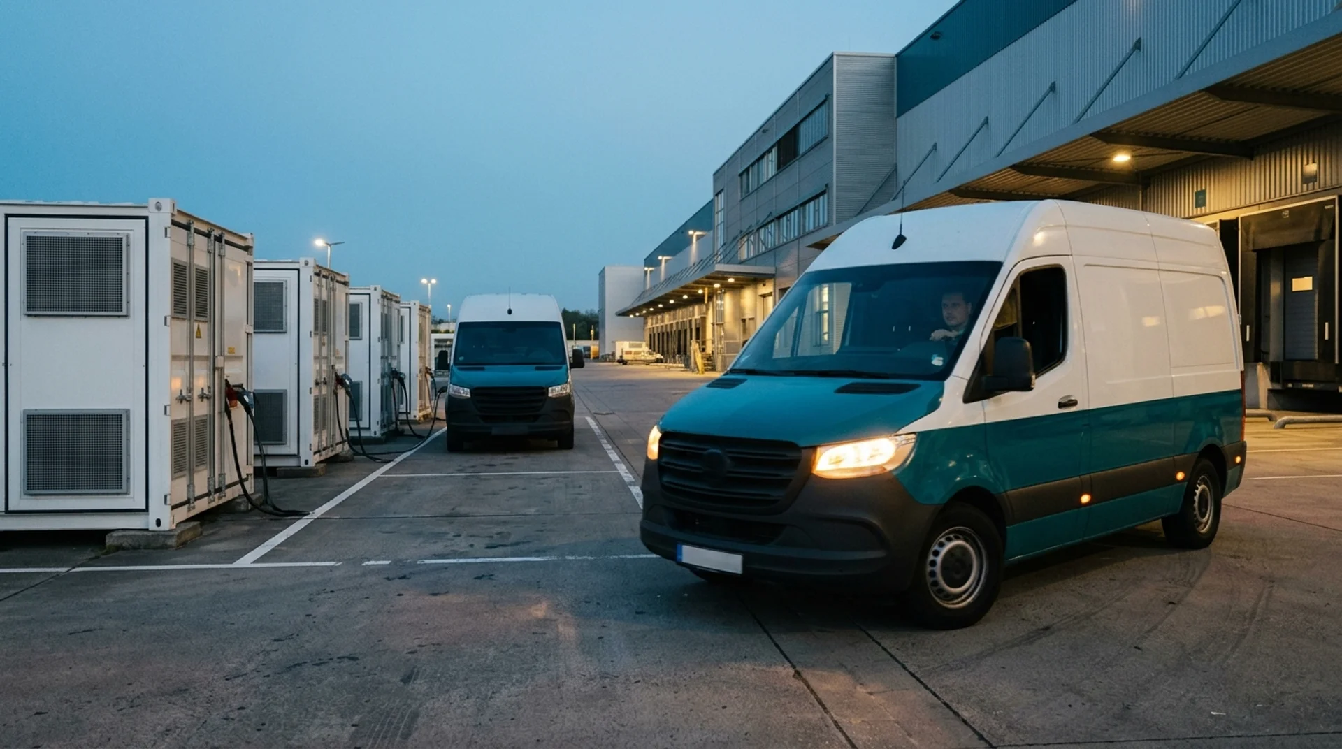 Transporter vor einer Ladestation in der Dämmerung, daneben weiße Batteriespeicher-Schränke