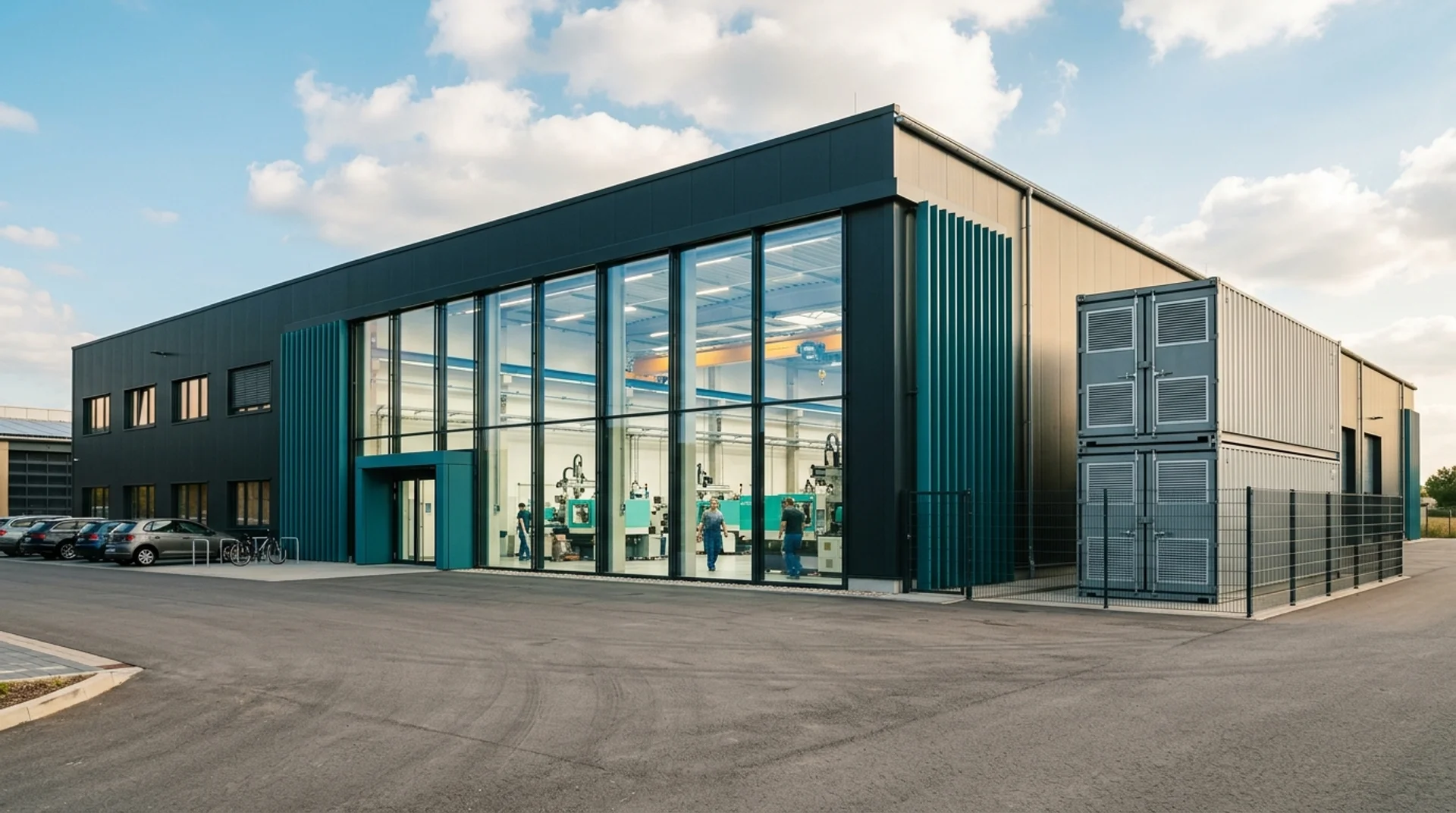 Fertigungshalle einer Metallverarbeitung mit Produktionsmaschinen, rechts Batteriespeicher am Hallenrand