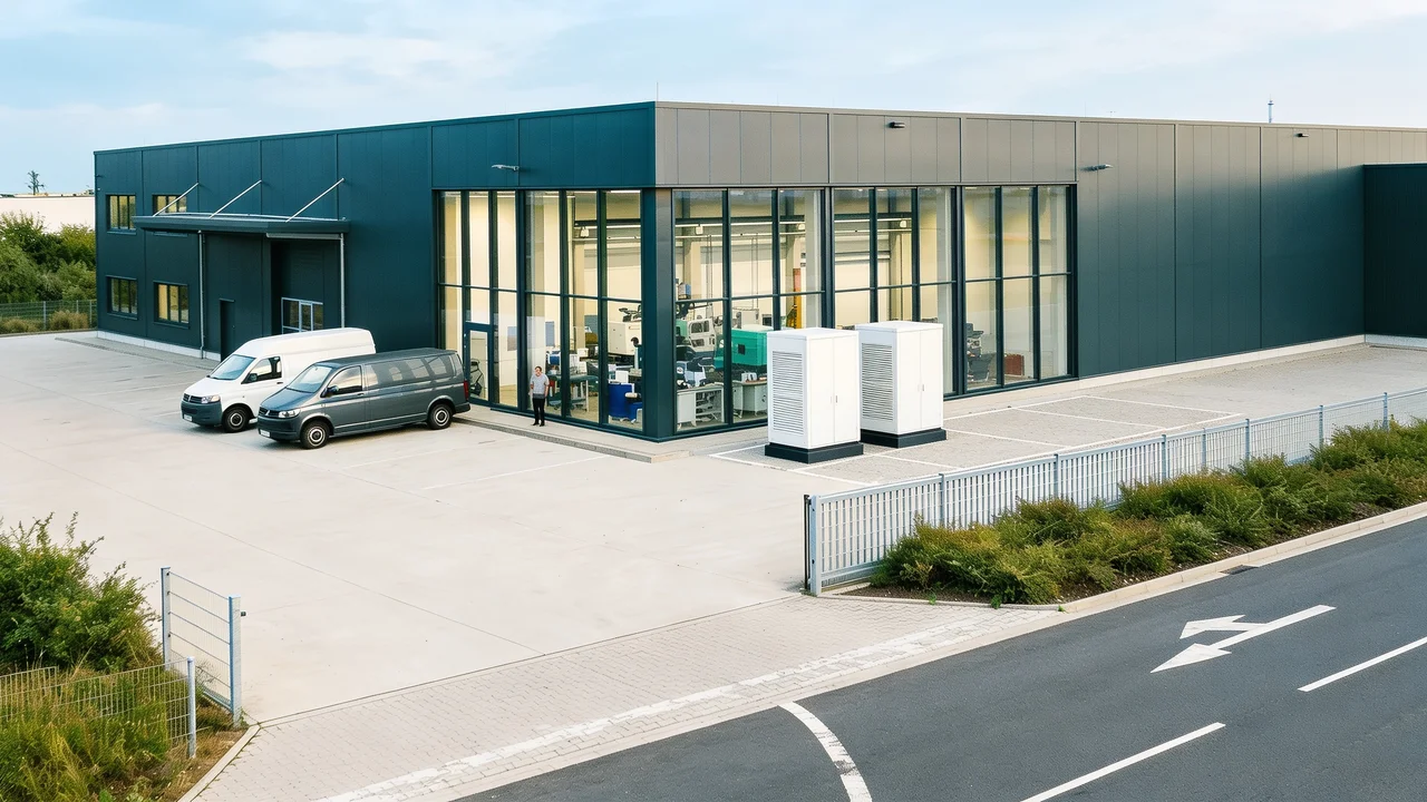 Gewerbegebäude mit Glasfront und Stellplätzen, am Gebäuderand Batteriespeicher