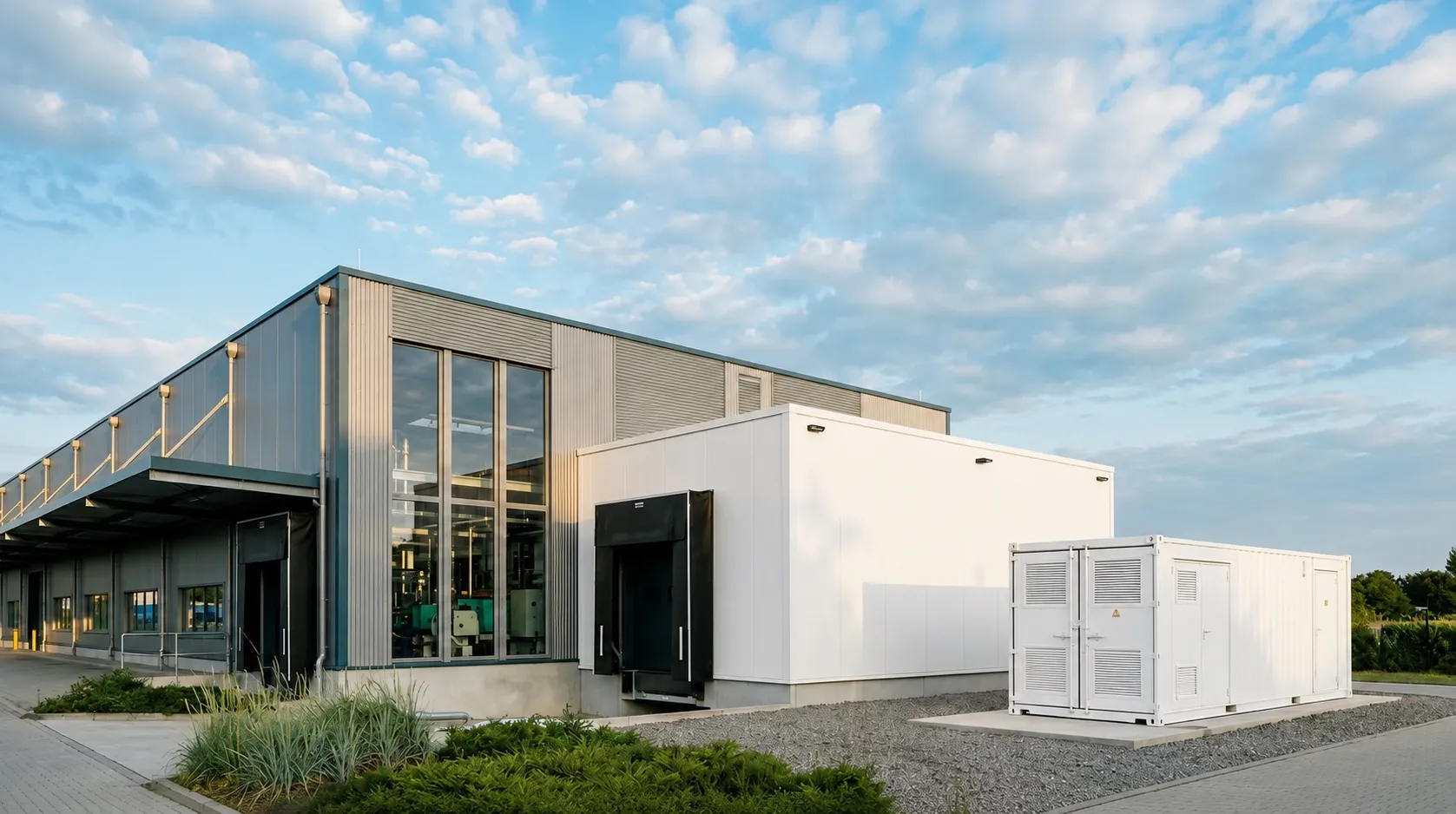Gewerbeimmobilie mit Glasfassade, am Gebäuderand einklang-Batteriespeicher