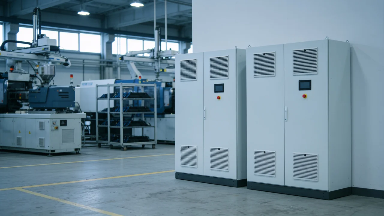 Batteriespeicher-Schränke in einer Fertigungshalle, dahinter Produktionsmaschinen