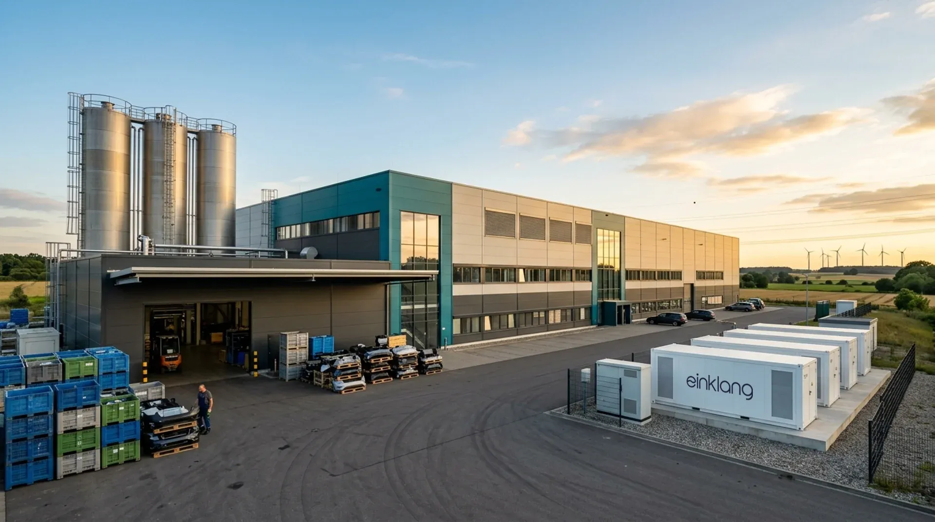 einklang Batteriespeicher-Container vor einer Produktionshalle, im Hintergrund Windräder im Abendlicht