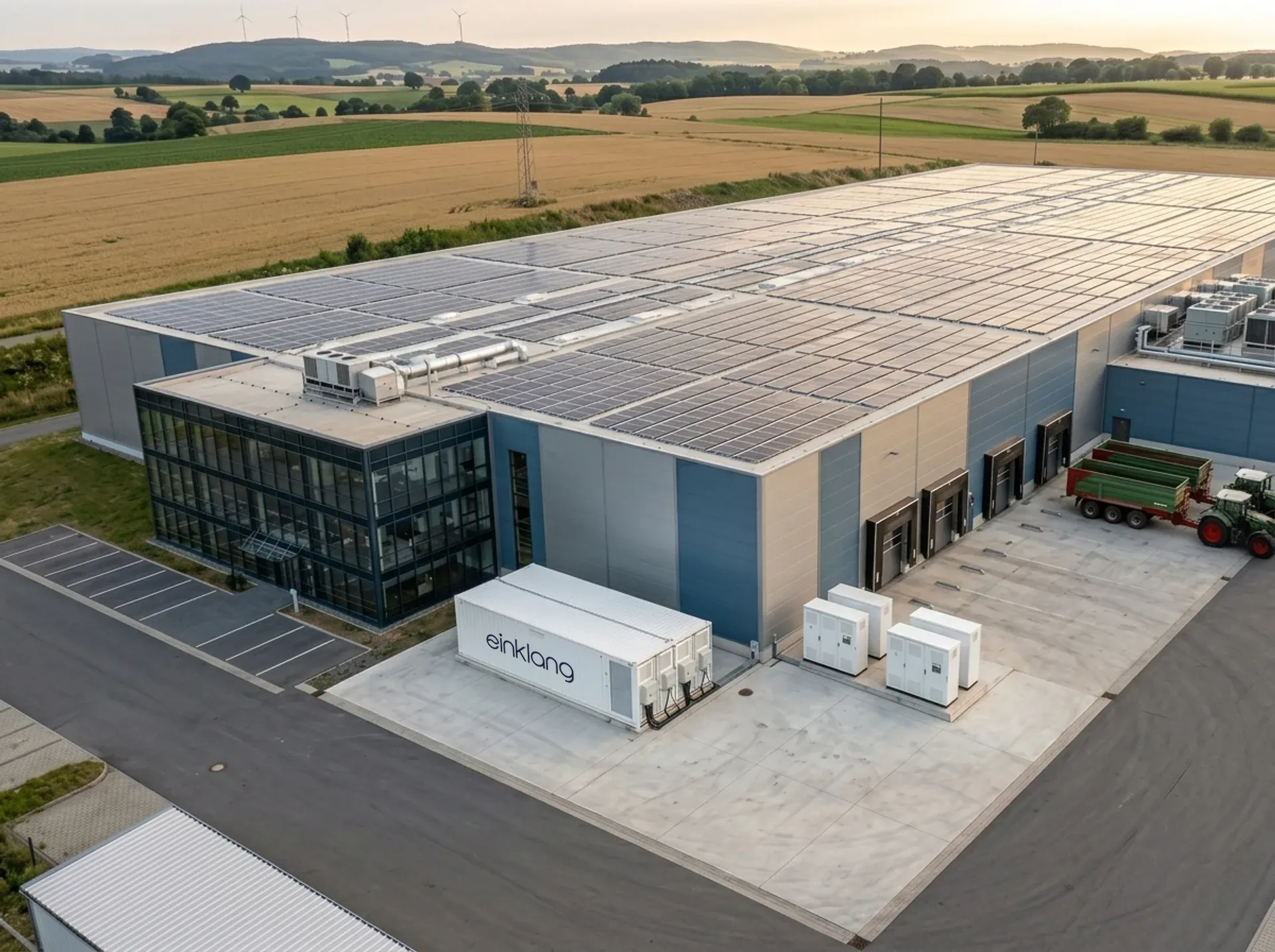 Luftaufnahme des einklang Betriebsgeländes mit Photovoltaik-Dach, Batteriespeicher-Containern und Ladezone bei Sonnenuntergang
