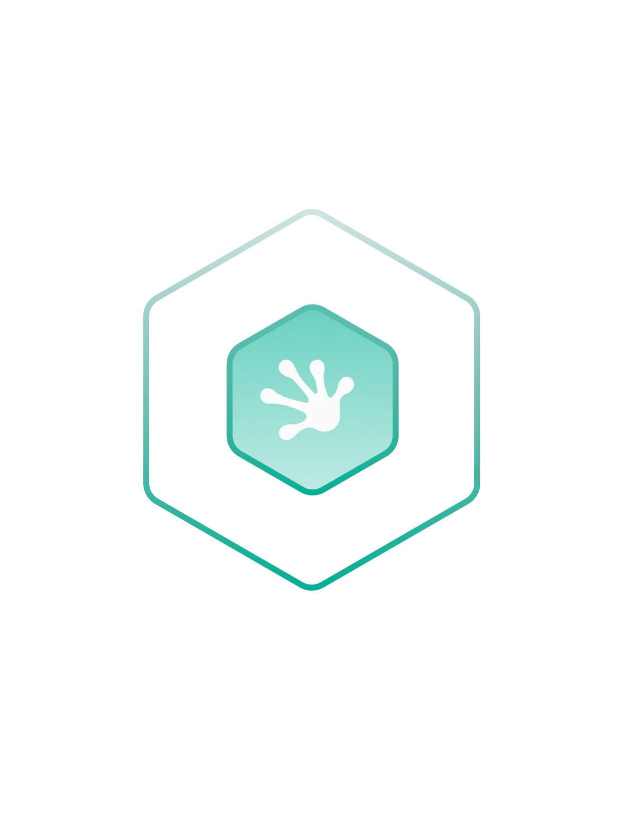 Hexagonal logo or icon featuring a leaf or plant symbol in the center, rendered in teal with a minimalist design approach