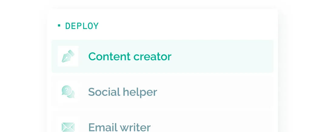 Sidebar control panel UI featuring editable content blocks such as Contact Creator, Social Helper, and Email Writer.