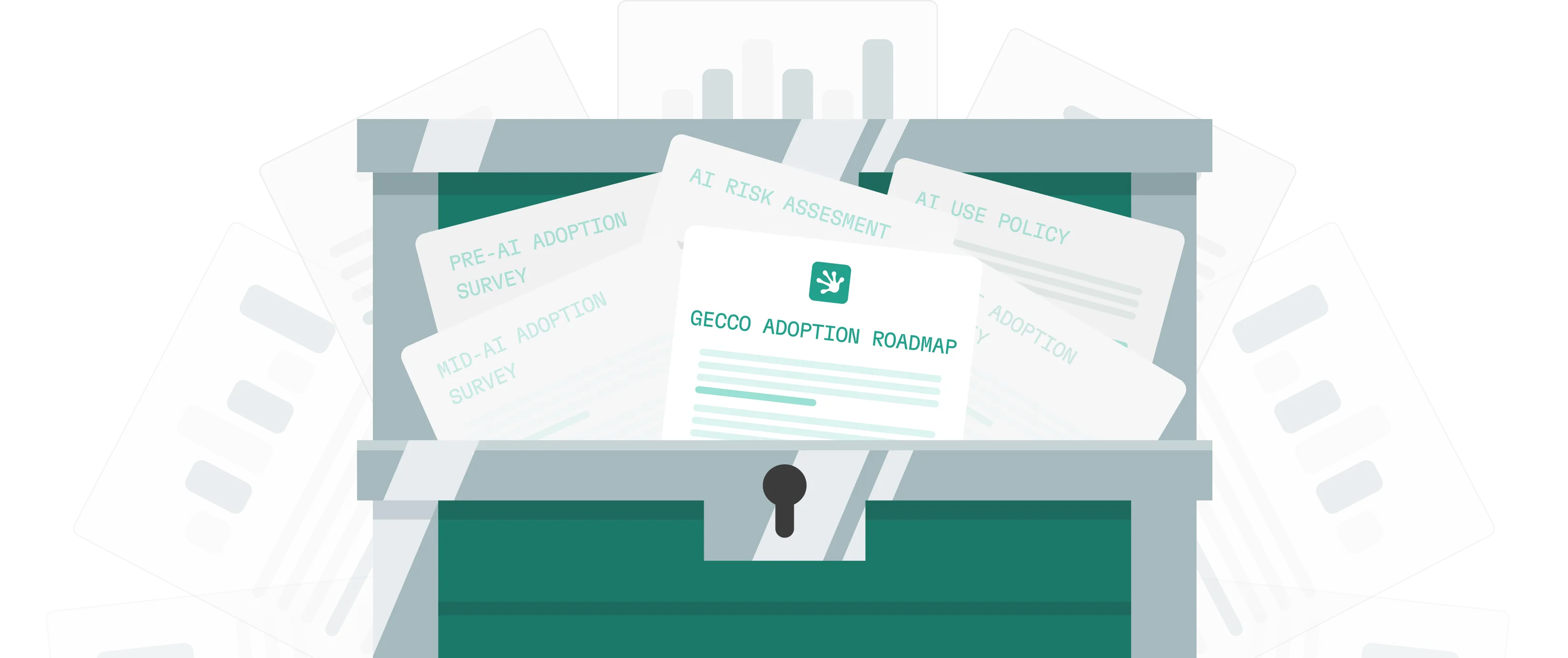 Open lockbox filled with documents labeled Gecco adoption roadmap, AI risk assessment, AI use policy, pre-AI adoption survey, and mid-AI adoption survey.