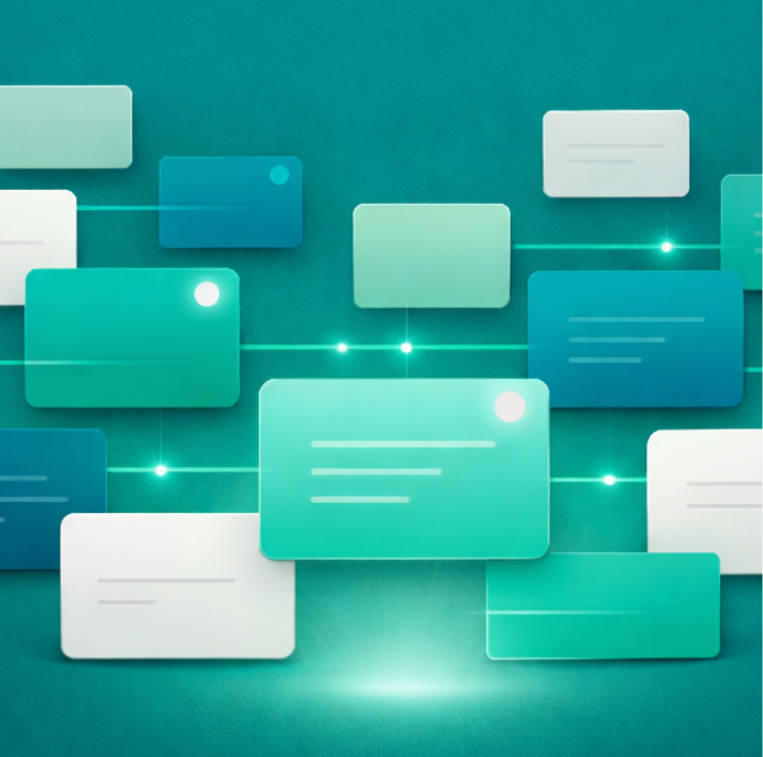 Digital interface with floating rectangular chat or message boxes connected by glowing lines on a teal background.