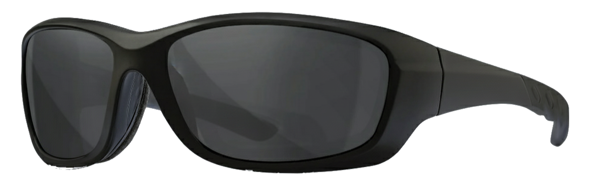 Black wraparound sunglasses with dark tinted lenses and thick frames.
