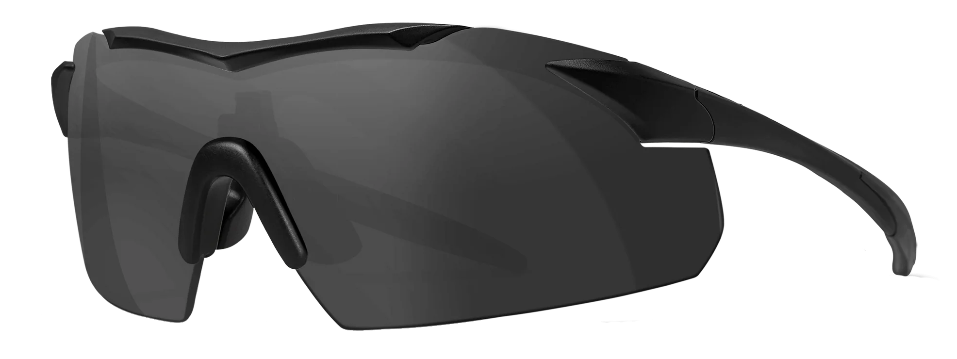 Sleek black wraparound sports sunglasses with a single tinted lens and curved arms.