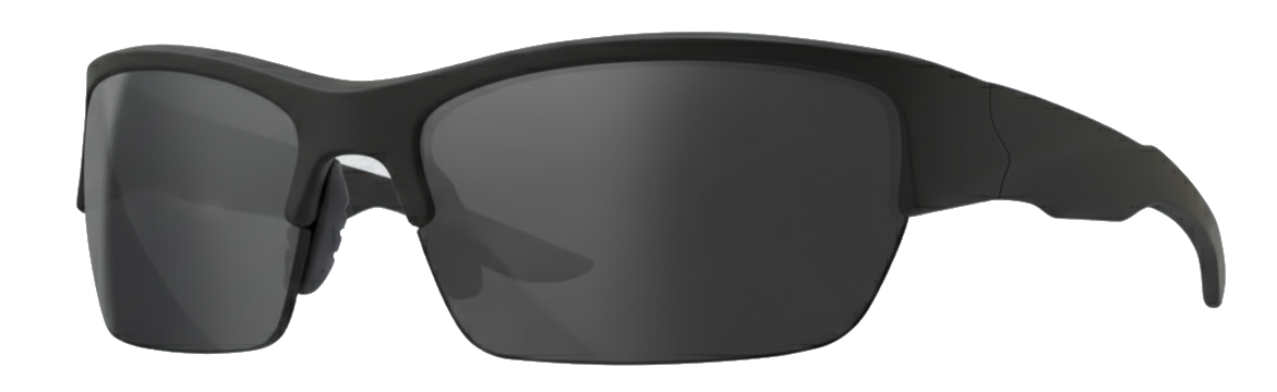 Black semi-rimless sports sunglasses with dark tinted lenses and curved arms.