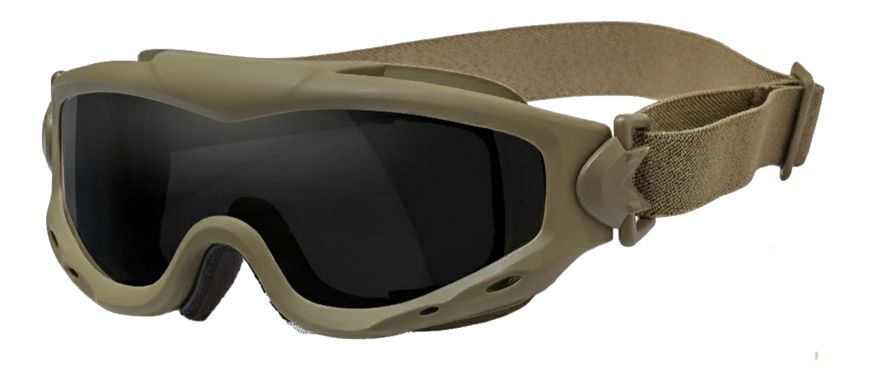 Tan tactical goggles with dark tinted lenses and adjustable elastic strap.