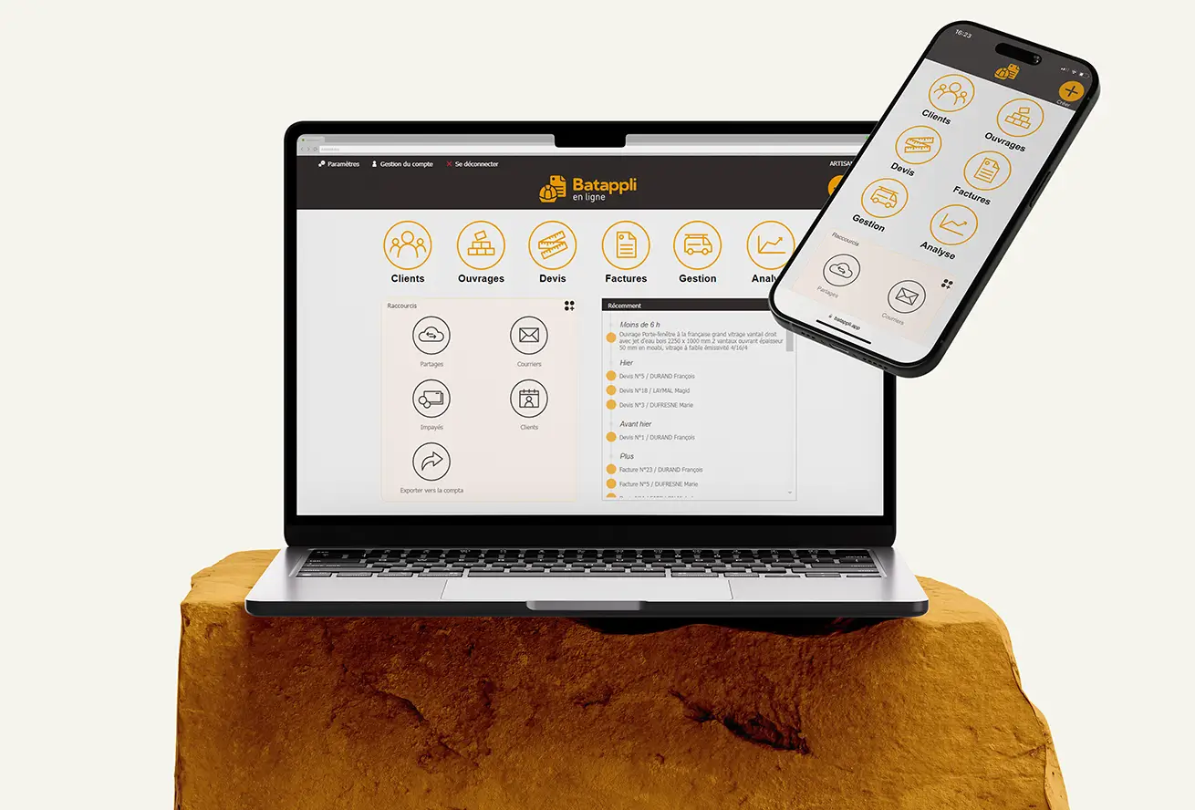 aperçu de Batappli à l'écran d'un macbook et sur un iphoneposé sur une pierre de chantier orange