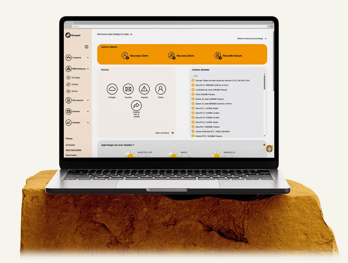 aperçu de Batappli à l'écran d'un macbook et sur un iphoneposé sur une pierre de chantier orange