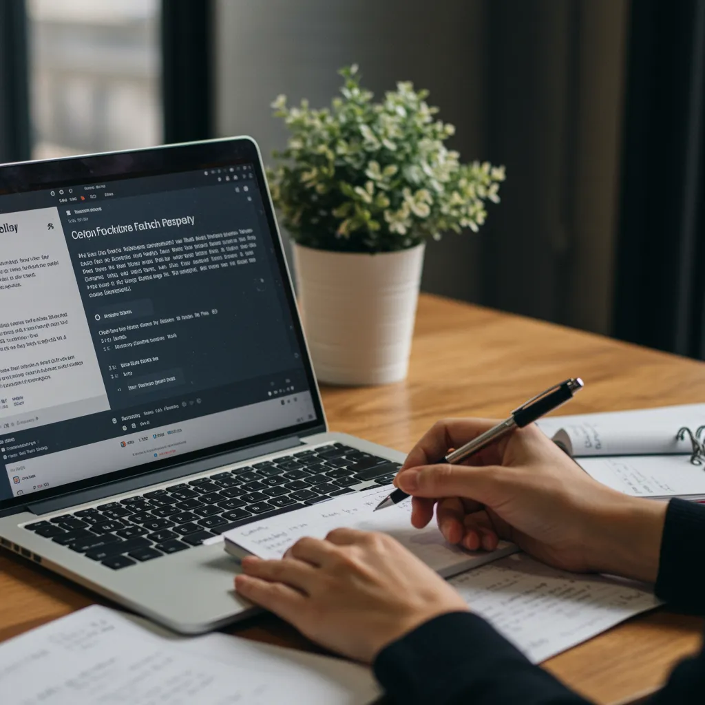 Person schreibt handschriftliche Notizen neben einem Laptop mit geöffnetem Bildschirm auf einem Holztisch, daneben eine Pflanze in einem weißen Topf.