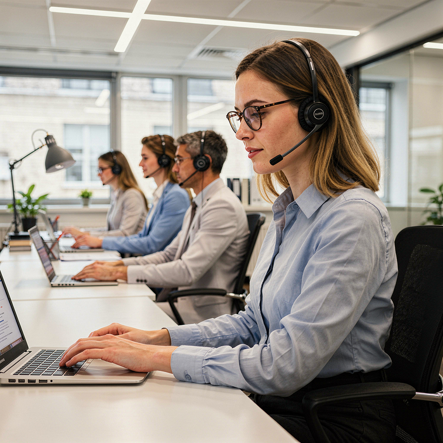 Vier Kundenservice-Mitarbeiter mit Headsets arbeiten konzentriert an Laptops in einem modernen Büro.