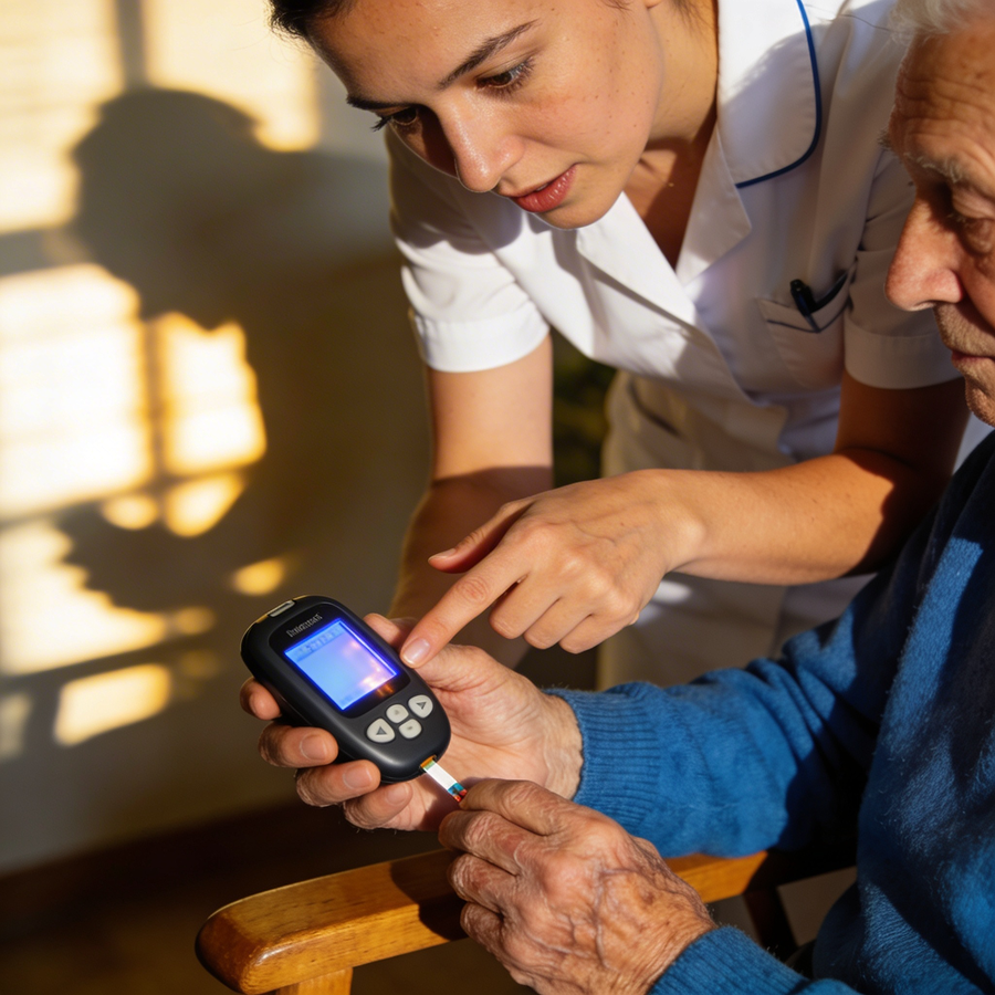 Eine Pflegekraft zeigt einem älteren Mann, wie man ein Blutzuckermessgerät benutzt.