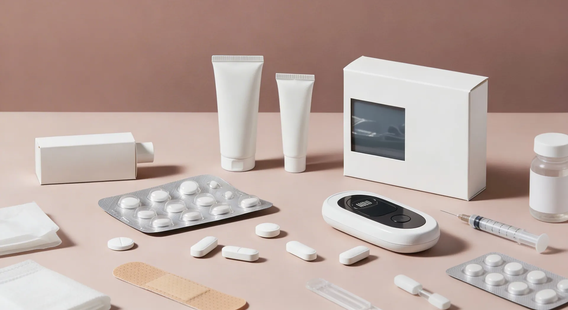 Verschiedene weiße medizinische Produkte und Geräte, darunter Pillen, Blisterpackungen, Salbenröhrchen, Spritze, Pflaster und ein Blutzuckermessgerät auf beige Hintergrund.