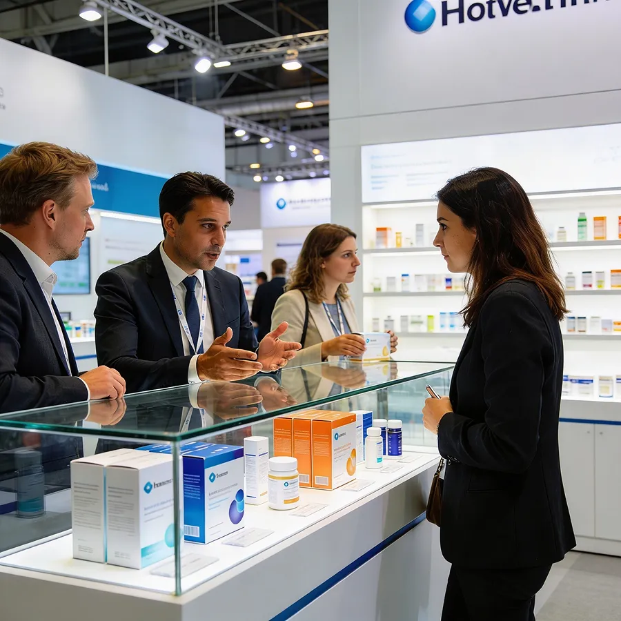 Geschäftsleute diskutieren vor einem Ausstellungstisch mit Medikamentenverpackungen in einer Messehalle.