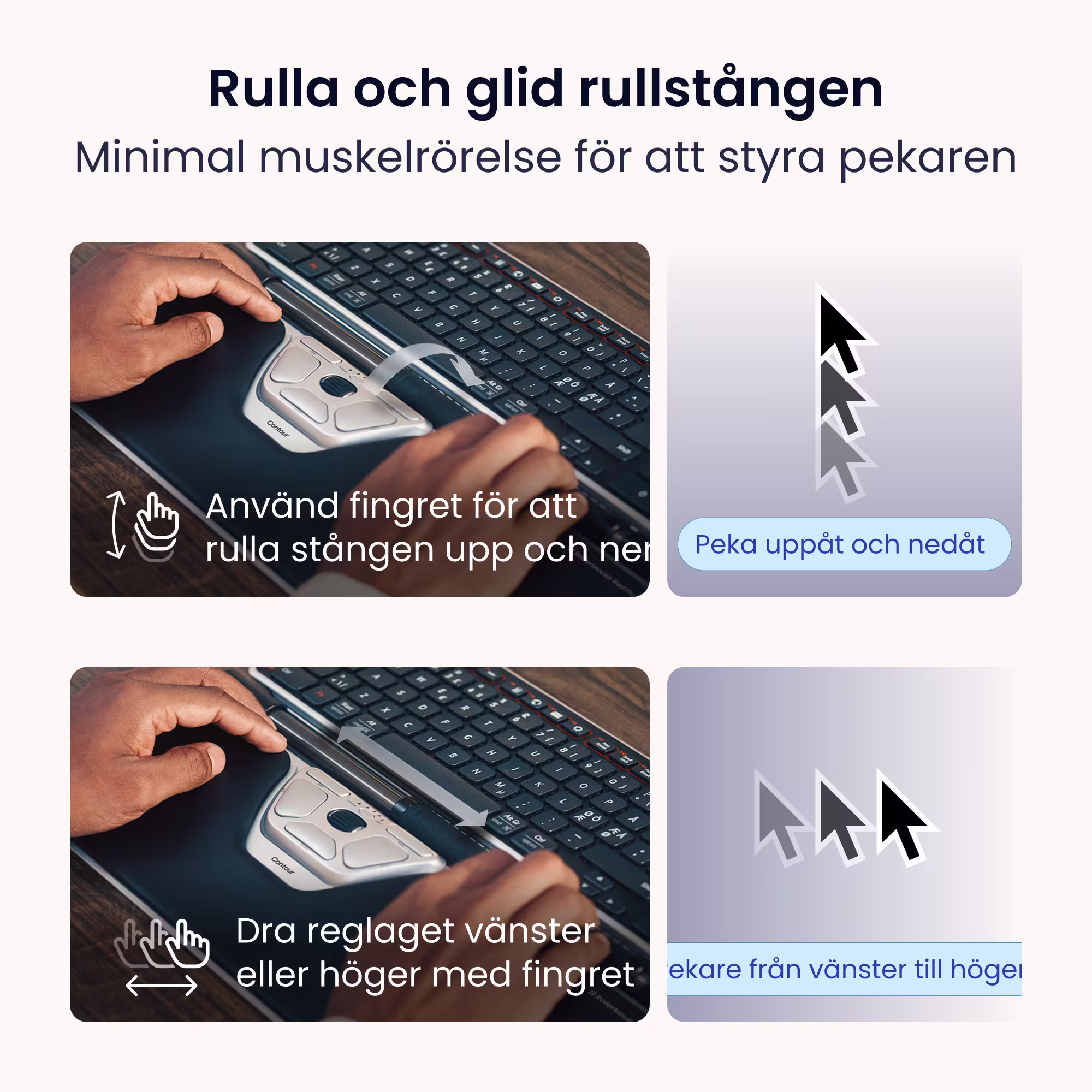 Så styr du pekaren med RollerMouse: rulla stången upp och ner med fingret för att flytta pekaren uppåt och nedåt, och dra den åt vänster eller höger för att flytta den i sidled.