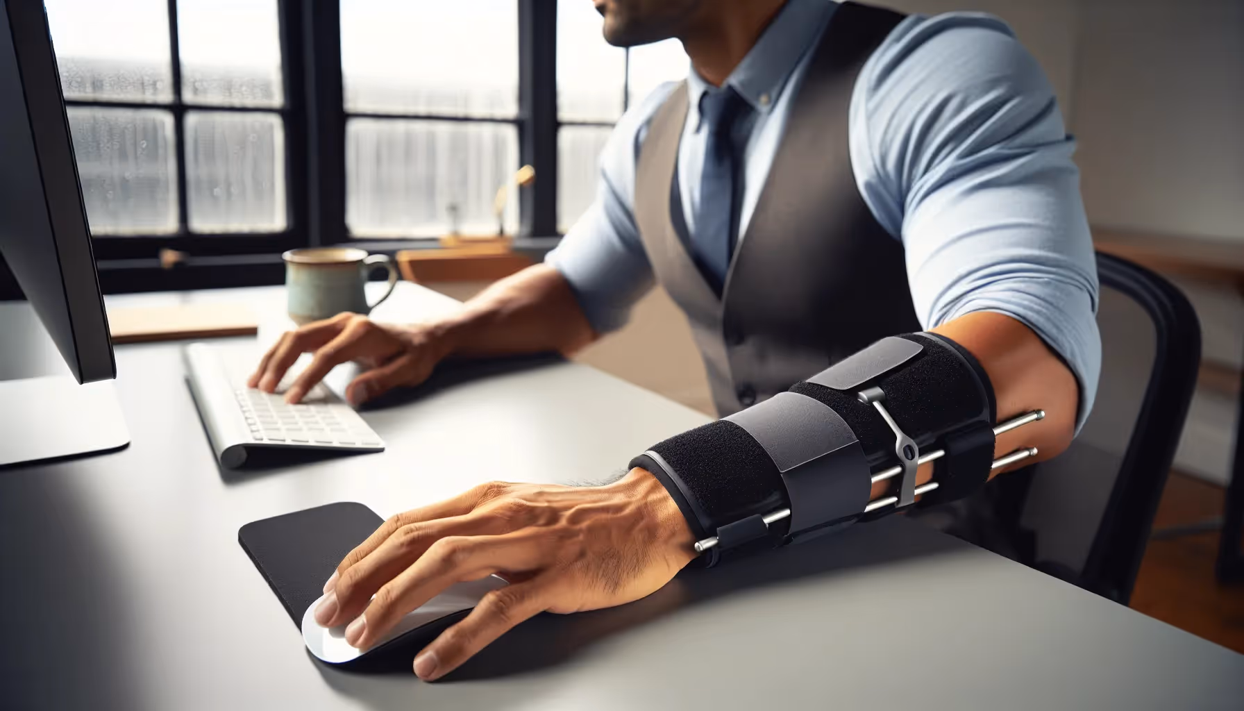 Office worker wears an elbow brace at desk to prevent ulnar nerve compression.