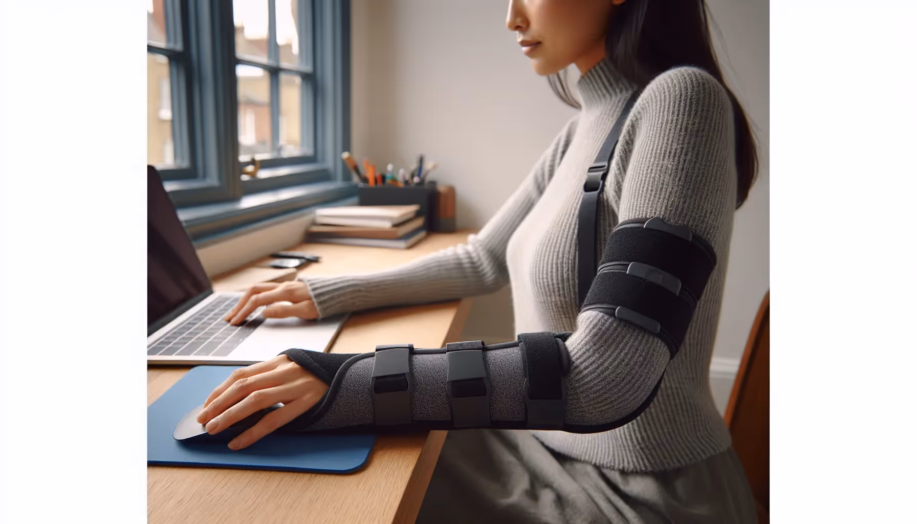 Woman using a mouse with an elbow brace limiting bend and pressure.