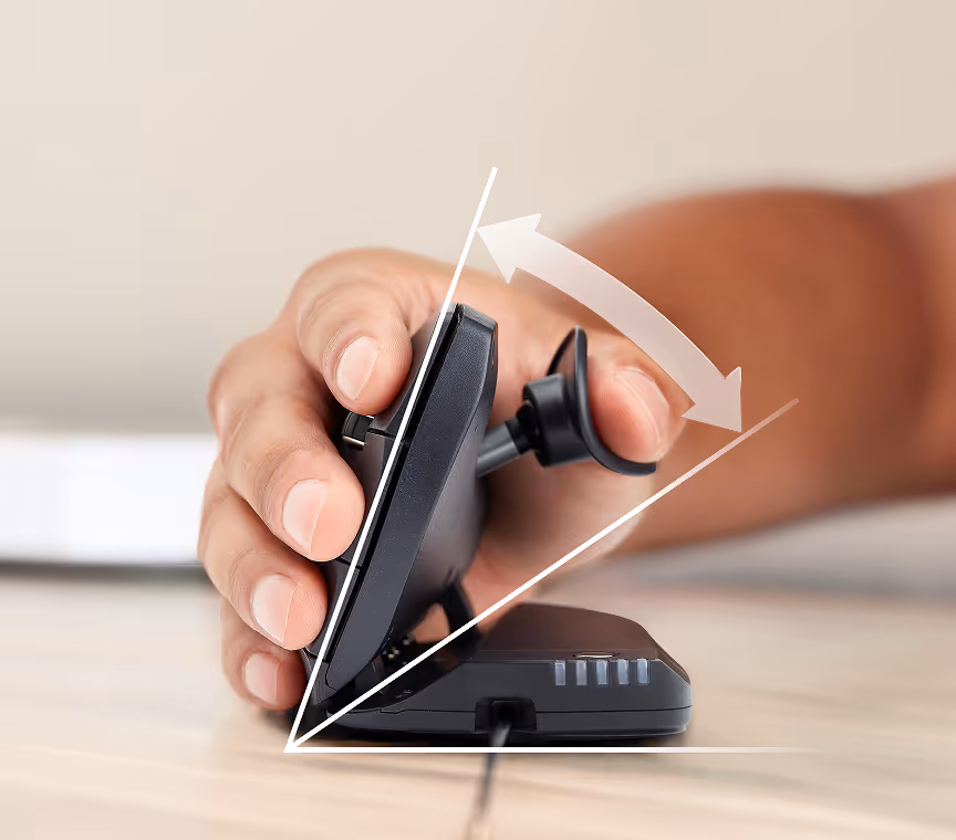 A close-up of a hand holding the Contour UniMouse vertical mouse, highlighting its adjustable tilt angle. White arrows and lines illustrate the customizable ergonomic design, allowing the user to modify the tilt for optimal wrist comfort and support.
