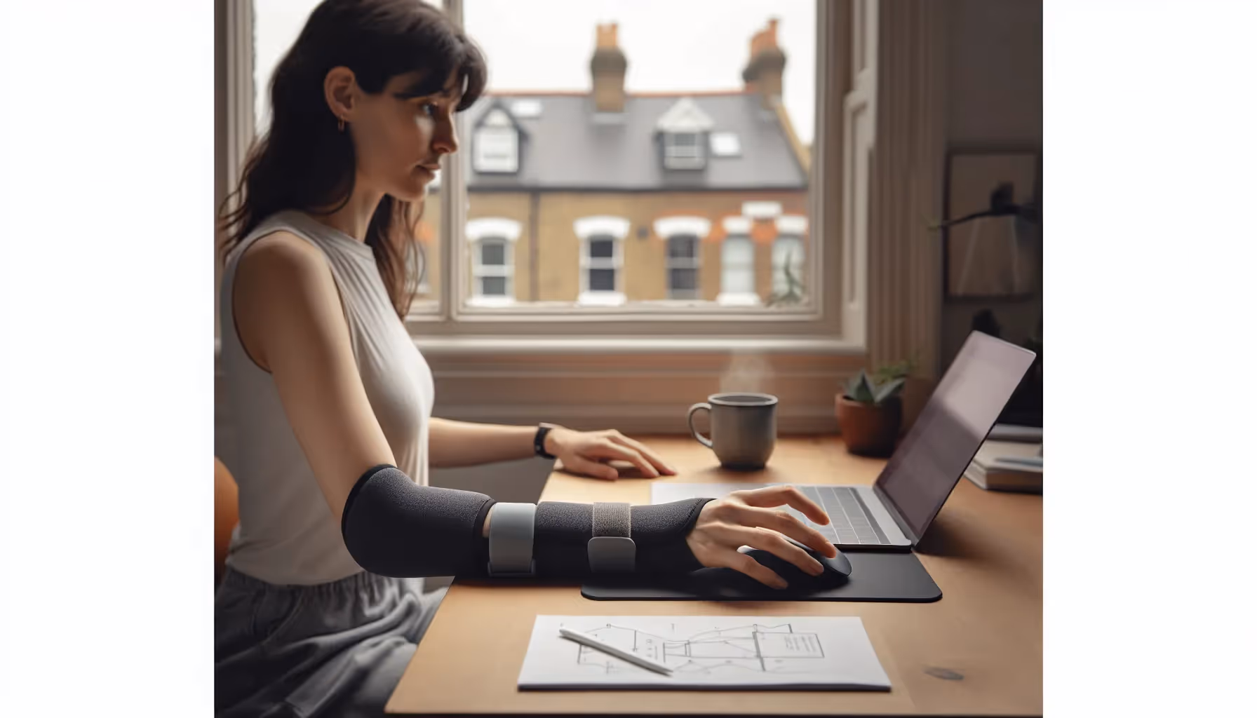 Woman using a computer with a counterforce elbow brace in a UK home office.
